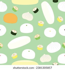 A variety of Chinese appetizers on a green color background, there are dumplings, and Chinese buns such as man toa, sala bao, xiao long bao, pork bun, creamy, pandan custard, and black bean bun.