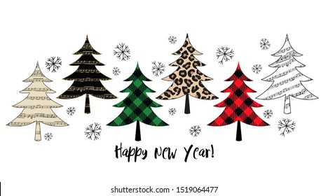 
 Variety of Christmas trees. Winter forest. Vector set or holiday card. Isolated design objects on a white background.