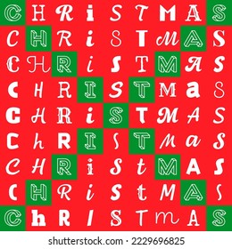 Variety of Christmas word letters arranged on checkered pattern with a glimpse of green X sign on red background