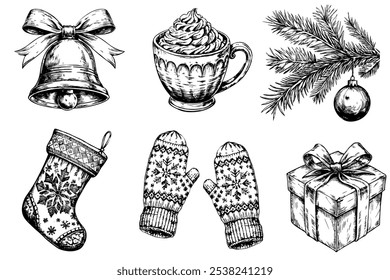 A variety of Christmas-themed items, including a bell, a cup, a mug, a stocking