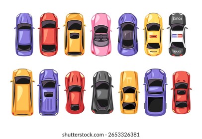 Variety of city vehicles top view set with minivan, car, police-car, taxi, suv road transport