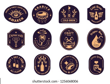 variety classic coffee badge design with coffee beans,bottle,bottle cap,coffee dripper,cup of hot coffee,smoke and eye logo vector illustration.