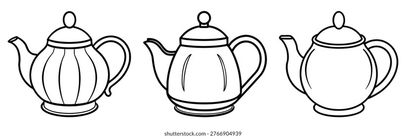Variety of classic tea pots with different body patterns and handle shapes presented as line art icons for restaurant and dining decor themes