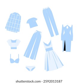 Variety Of Clothing Items In Flat Vector Illustration Symbolizing Fashion Wardrobe, Apparel Selection, And Clothing Diversity, Isolated On White Background.