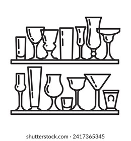 Variety of cocktail glasses on shelves vector line icon for National Cocktail Day on March 24