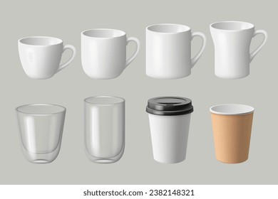 Variety of coffee cups and mugs for warm beverages. Vector realistic isolated ceramic, glass or paper containers and pots for liquid, takeaway service for clients or restaurant serving