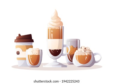 Variety of coffee drinks and cups. Coffee shop, break, cafe-bar, coffee lover concept.  Vector illustration for poster, banner, cover. advertising, menu. 