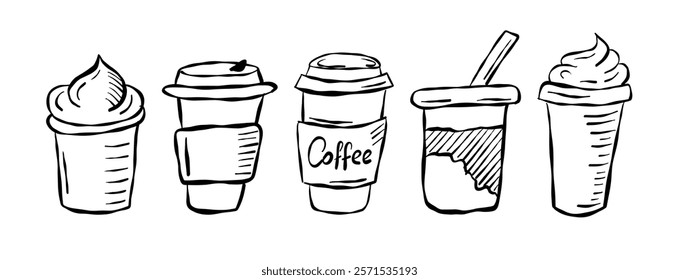 Variety of coffee drinks displayed in artistic style on a simple background