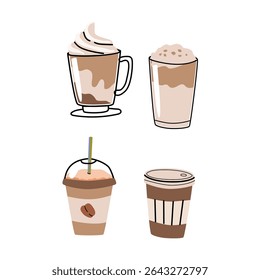 Variety of coffee drinks illustration for menu design and cafe promotion.