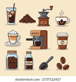 A variety of coffee related items including beans, grinders, coffee makers, and drinks.