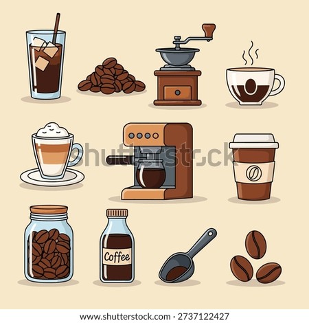 A variety of coffee related items including beans, grinders, coffee makers, and drinks.