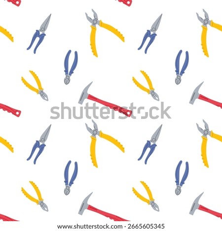 Variety of colored tools including pliers and hammers arranged in a repeating pattern