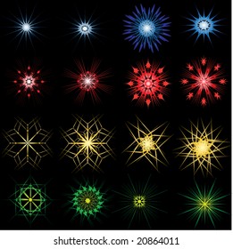 variety of colored vector sparkles, flashes, glitter and stars on black background to show details.