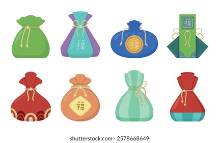 A variety of colorful Asian lucky bags, each with a unique design featuring traditional symbols. These bags are often associated with good fortune and are popular during holidays and celebrations.