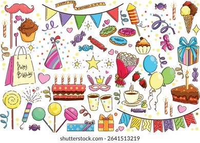 A variety of Colorful Birthday Celebration Elements and Decorative Accents for events