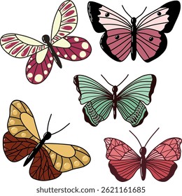 Variety of Colorful Butterfly Illustrations Featuring Striking Patterns and Unique Designs. Colorful butterfly illustrations in diverse styles, showcasing unique wing patterns and vibrant artistic 