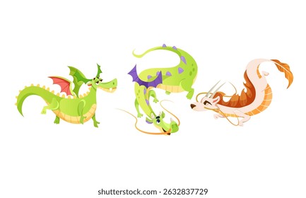 A Variety of Colorful Cartoon Dragons Depicted in Different Playful Poses and Actions