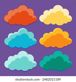 A variety of colorful clouds floating in the azure sky on a purple background