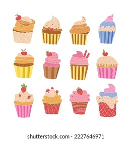 Variety of colorful and delicious cupcakes and yogurt illustrations