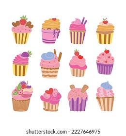 Variety of colorful and delicious cupcakes and yogurt illustrations