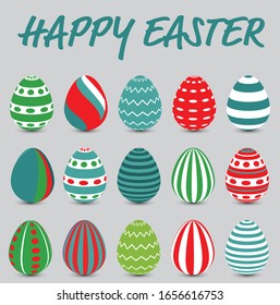 Variedad de coloridos huevos de Pascua con texto de feliz guión de Pascua 