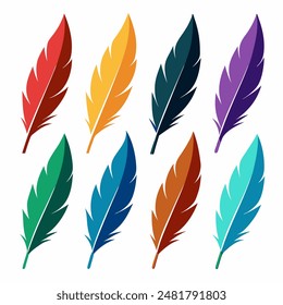 A variety of colorful feathers displayed on a white background