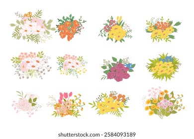 Variety of colorful floral bouquets with diverse flowers and greenery.