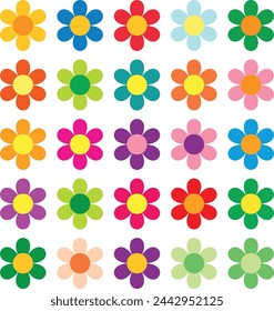 A variety of colorful flowers with different petal colors arranged in rows.