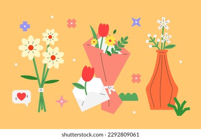 A variety of colorful flowers in vases. tulips and lilies. flowers blooming in spring.
