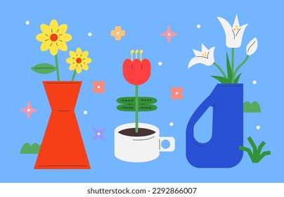 A variety of colorful flowers in vases. tulips and lilies. flowers blooming in spring.