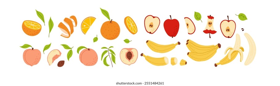 Variety of colorful fruits arranged in a row on a white background, showcasing their freshness