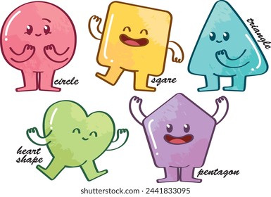 Variety of colorful geometric shapes with facial expression. Abstract hand draw style shapes smile, laugh, happy face. Set of cartoon circle, triangle, square, pentagon, heart shape character emotion.