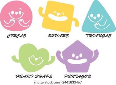 Variety of colorful geometric shapes with facial expression. Abstract hand draw style shapes smile, laugh, happy face. Set of cartoon circle, triangle, square, pentagon, heart shape character emotion.