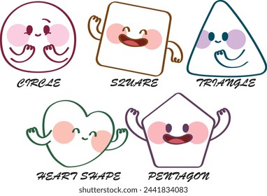 Variety of colorful geometric shapes with facial expression. Abstract hand draw style shapes smile, laugh, happy face. Set of cartoon circle, triangle, square, pentagon, heart shape character emotion.