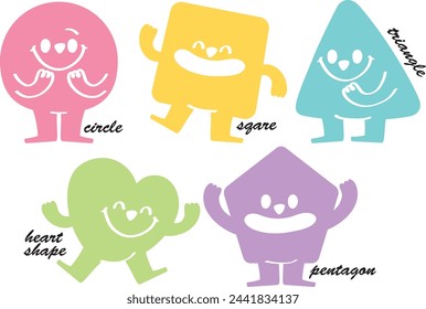 Variety of colorful geometric shapes with facial expression. Abstract hand draw style shapes smile, laugh, happy face. Set of cartoon circle, triangle, square, pentagon, heart shape character emotion.
