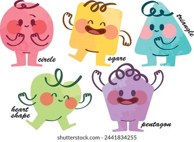 Variety of colorful geometric shapes with facial expression. Abstract hand draw style shapes smile, laugh, happy face. Set of cartoon circle, triangle, square, pentagon, heart shape character emotion.