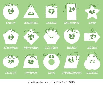 Variety of colorful geometric shapes with facial expression. Abstract hand draw style shapes smile, laugh, happy face. Set of cartoon circle, triangle, square, pentagon, heart shape character emotion.