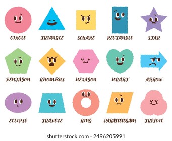 Variety of colorful geometric shapes with facial expression. Abstract hand draw style shapes smile, laugh, happy face. Set of cartoon circle, triangle, square, pentagon, heart shape character emotion.