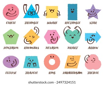 Variety of colorful geometric shapes with facial expression. Abstract hand draw style shapes smile, laugh, happy face. Set of cartoon circle, triangle, square, pentagon, heart shape character emotion.