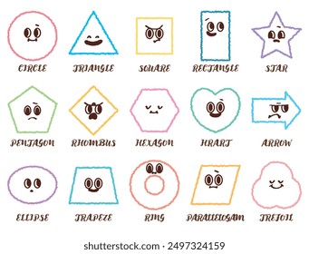 Variety of colorful geometric shapes with facial expression. Abstract hand draw style shapes smile, laugh, happy face. Set of cartoon circle, triangle, square, pentagon, heart shape character emotion.