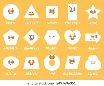 Variety of colorful geometric shapes with facial expression. Abstract hand draw style shapes smile, laugh, happy face. Set of cartoon circle, triangle, square, pentagon, heart shape character emotion.