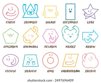 Variety of colorful geometric shapes with facial expression. Abstract hand draw style shapes smile, laugh, happy face. Set of cartoon circle, triangle, square, pentagon, heart shape character emotion.