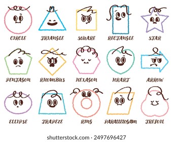 Variety of colorful geometric shapes with facial expression. Abstract hand draw style shapes smile, laugh, happy face. Set of cartoon circle, triangle, square, pentagon, heart shape character emotion.