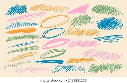 Variety Of Colorful Handwritten Scribbles And Doodles In Different Styles And Colors, Set Against A Beige Background