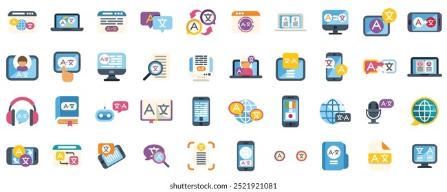 Variety of colorful icons showing different ways of translating text and speech both online and offline