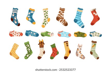 Variety of colorful knitted socks with fun designs flat color vector objects set. Accessories of winter wardrobe illustrations pack on white