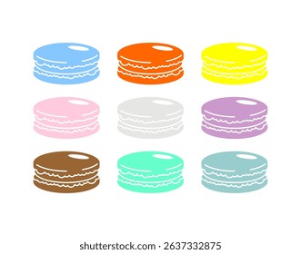 A variety of colorful macarons are displayed in a grid pattern, showcasing their unique pastel shades and smooth textures.