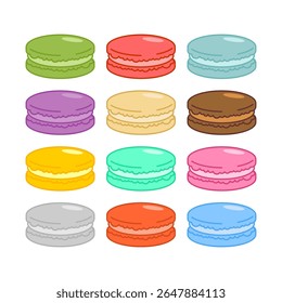 Uma variedade de macarons coloridos são exibidos em um padrão de grade, exibindo suas sombras pastel únicas e texturas suaves.