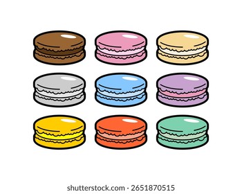 Uma variedade de macarons coloridos são exibidos em um padrão de grade, exibindo suas sombras pastel únicas e texturas suaves.