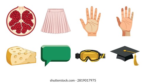 variety of colorful objects such as fruit lamp cheese speech bubble goggles and cap representing daily life education and leisure activities